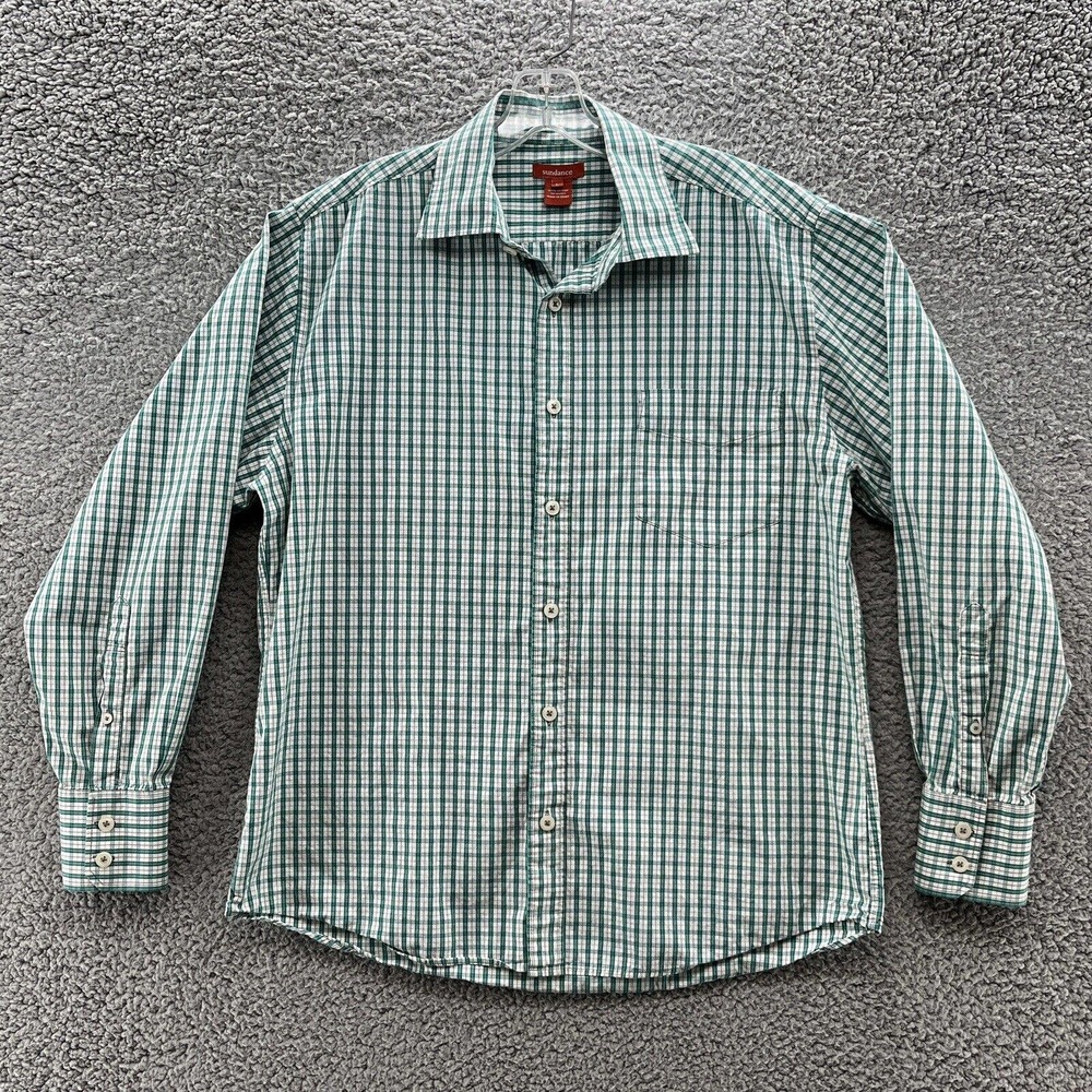 Sundance Shirt Green Plaid 100% Cotton Long Sleeve Button Up